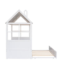 Twin House Bed with Twin Size Trundle, Wooden Daybed Frame with Playhouse Roof and Window for Kids Toddlers Teens, No Box Spring Need, White