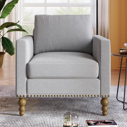 Accent Chair Classic Linen Armchair with Bronze Nailhead Trim Wooden Legs and Button-Dotting Backrest Single Sofa Couch for Living Room, Bedroom, Balcony, Gray