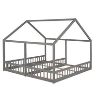 Twin Size House Platform Beds,Two Shared Beds, Wooden Bed Frame with Roof, Double House Platform Beds for Boys Gils Teens Bedroom Furniture, Can be Decorated Tent, Gray