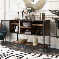 Retro Industrial Console Table with Metal Grid Door and 3 Thicken Shelves, Free Standing Storage Chest, Buffet Server Cabinet, for Living Room, Kitchen, Entryway, Hallway,Distressed Brown