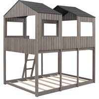 Full Over Full House Bunk Bed with Roof, Wood House Bunk Bed with Window, Safety Guardrail, Ladder for Kids Teens Girls Boys, No Box Spring Needed, Antique Gray 78.7"L x 56.2"W x 85.5"H
