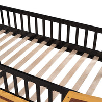 Twin Size Loft Bed with Underbed Storage Space, Boat Shaped Kids Loft Bed with Safety Guardrails and Ladders, Wood Low Loft Bed for Kids Boys Girls, Walnut
