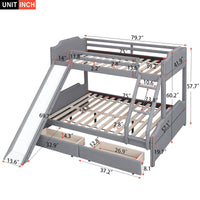 Twin Over Full Upholstered Bunk Bed with Slide and 2 Drawers, Solid Wood Bunk Bed Frame with Convertible Slide and Ladder, Headboard and Footboard, Bedroom Bedframe, No Spring Box Required, Gray