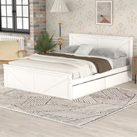 Queen Size Platform Bed Solid Wood Platform Bed with Four Storage Drawers and Support Legs, No Need Spring Box, White
