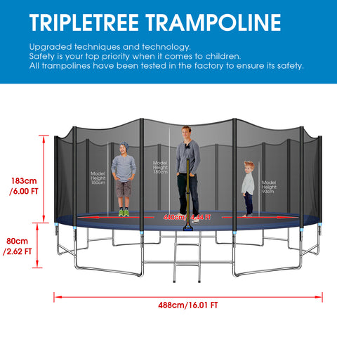 TRIPLETREE 16FT Trampoline With Safety Enclosure Net & Ladder, Suitable For Kids & Adults, 989LBS