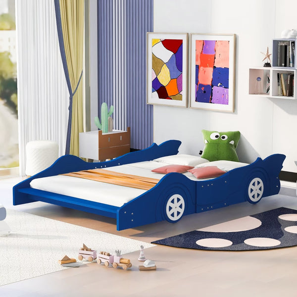 Full Size Race Car-Shaped Platform Bed for Kids, Solid Wood Bed Frame with Safety Rails and Wheels, Modern Low Bed with Sturdy Slats Support for Boys and Girls, No Box Spring Needed, Blue