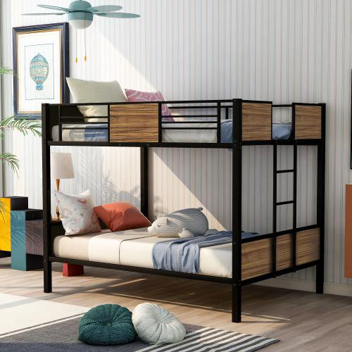 Full Over Full Bunk Bed, Metal Bunk Bed Frame, Sturdy Steel Bed Frame, Modern Style Bunk Beds for Kids, Toddlers, Teens, Adults, Bedroom, Dorm, Black