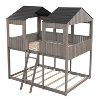 Full Over Full House Bunk Bed with Roof, Wood House Bunk Bed with Window, Safety Guardrail, Ladder for Kids Teens Girls Boys, No Box Spring Needed, Antique Gray 78.7"L x 56.2"W x 85.5"H