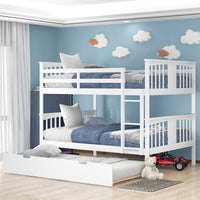 Full over Full Bunk Bed with Twin Size Trundle and Ladder, Convertible Bunk Bed with Safety High Guardrails for Kids Teens Adults, White