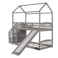 Bunk Bed with Storage Drawers and Slide, Wood House Bed Frame with Ladder and Guardrail, Twin Over Twin Bunk Bed Loft Bed for Kids Teens Boys and Girls, No Box Spring Required, Gray