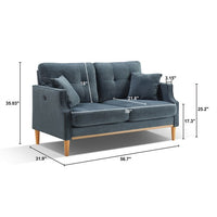 Modern 2 Seater Sofa with USB Charge, Waterproof Fabric Sofa Futon Sofa with Wood Legs, Upholstered Couch with 2 Pillows, Accent Loveseat Sofa for Living Room Bedroom Apartment Office, Dark Blue