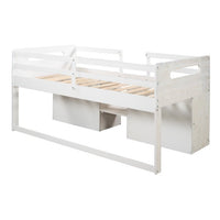 Twin Size Loft Bed, Low Loft Bed with Two Shelves and Two Drawers for Kids Teens Boys Girls, Multifunctional Wood Loft Bed Frame with Storage, Space Saving, No Box Spring Needed, Antique White