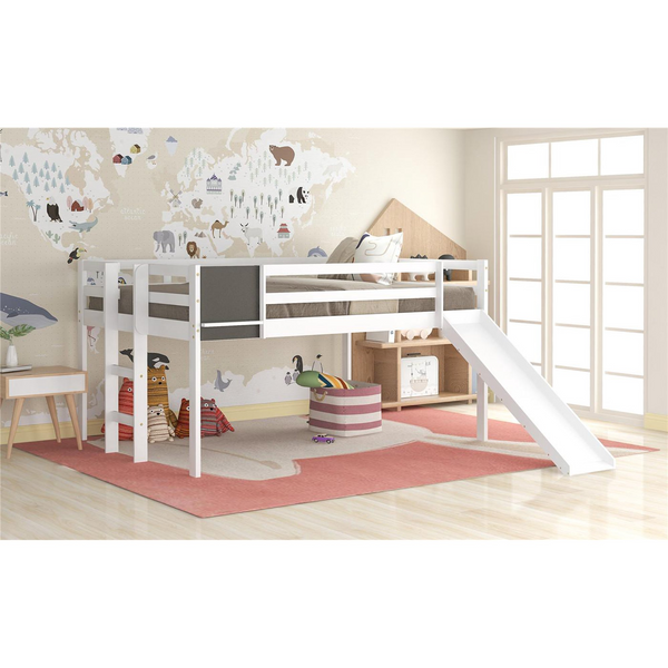 Full Size Loft Bed Wood Bed with Slide, Stair and Chalkboard for Kids and Teens, Solid Wood Loft Bed, No Box Spring Needed, 78.1''L x 104.3''W x 44''H, White
