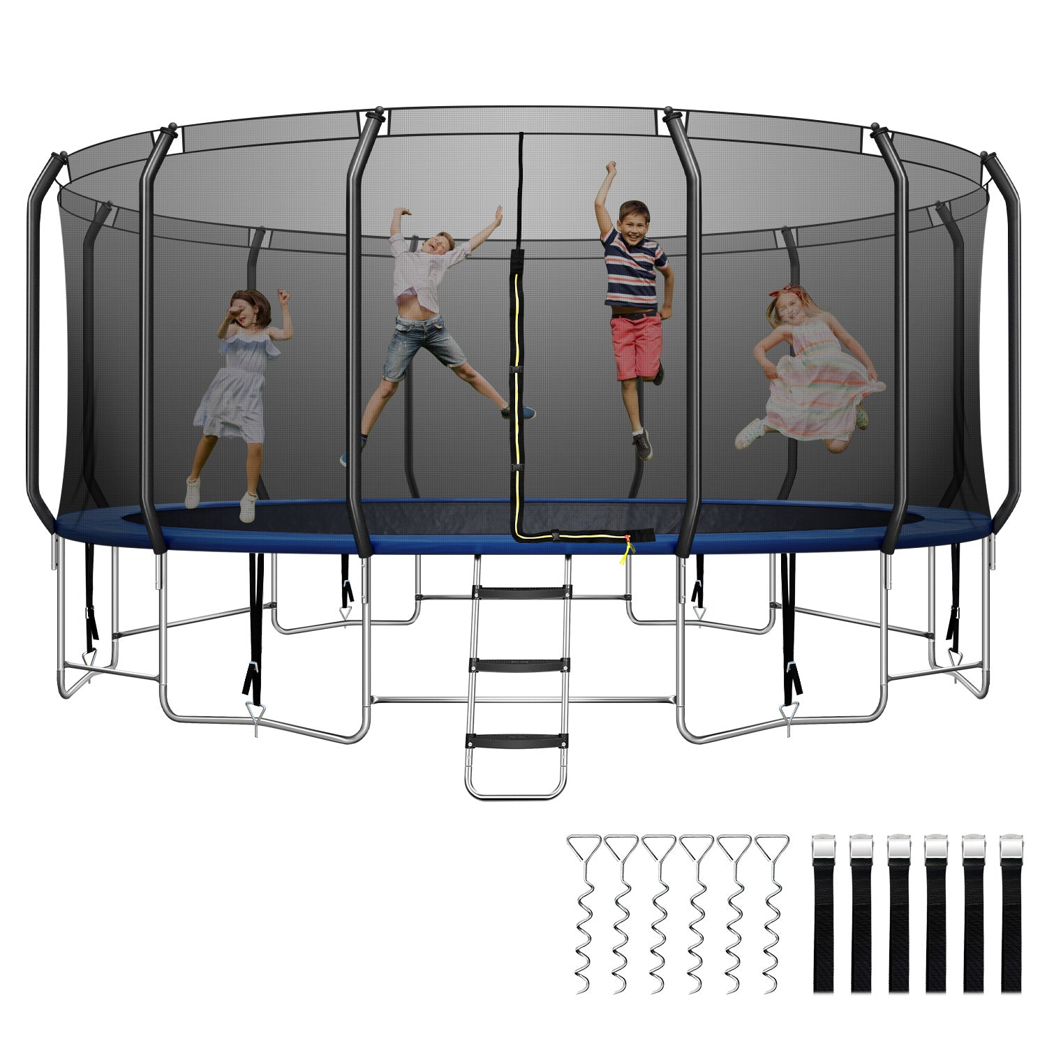High-end 16FT Trampoline Full Stainless Steel Reinforced Trampoline, with Balance Bar & 6 Wind Stakes, 1500LBS & 1.3-1.6MM Thickened Trampoline for 7-10 Kids, ASTM Approved Reinforced Trampoline Blue