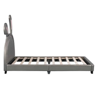 Twin Size PU Leather Upholstered Bed Frame, Solid Wood Platform Bed Kids Floor Bed with Rabbit Headboard and Sturdy Slats Support for Boys and Girls Bedroom, No Box Spring Needed, Gray