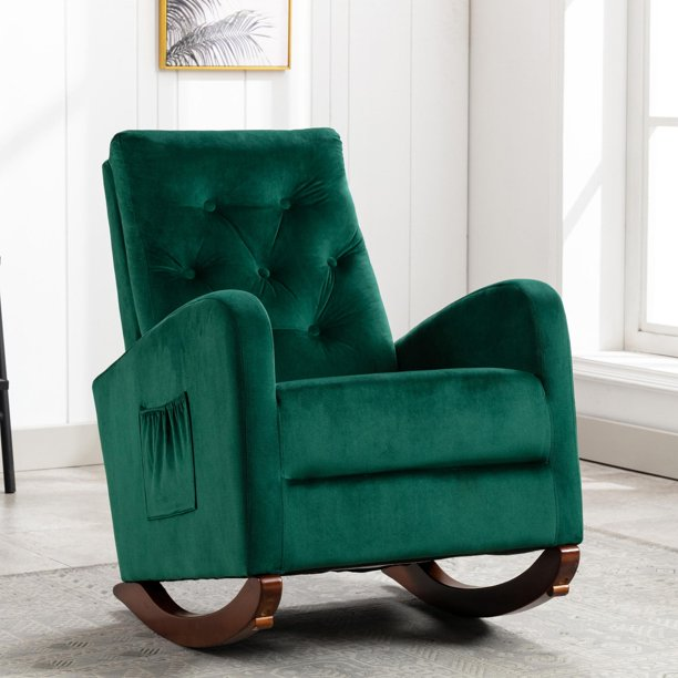 Patio Rocking Chair for Porch, Tufted Upholstered Luxury Velvet Wingback Indoor Outdoor Rocking Recliner Sofa Chair, Green 40x26x37inch