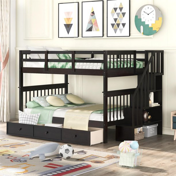 Full Over Full Bunk Bed with Storage Drawers and Stairs, Wood Bunk Bed with Full- Length Guard Rail for Bedroom Dorm, for Kids Teens Adults, No Box Spring Needed, Espresso 94.2''L x 58.07''W x 63.1''H