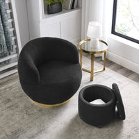Swivel Barrel Chair with Storage Ottoman, Modern Teddy Fabric Upholstered Accent Chair with Gold Stainless Steel Base and Footrest, Comfy Single Sofa Chair for Living Room Bedroom, Black