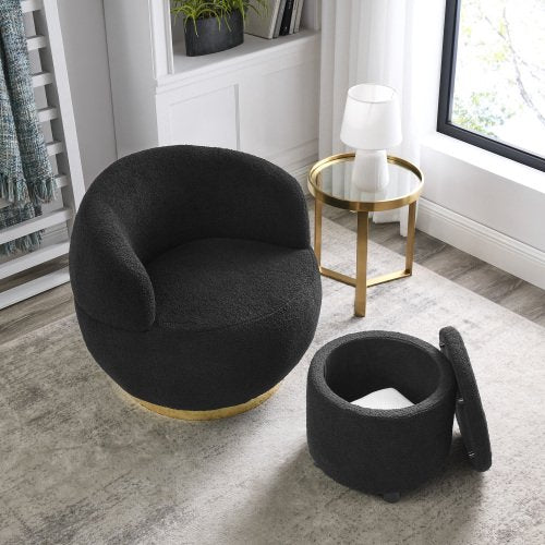 Swivel Barrel Chair with Storage Ottoman, Modern Teddy Fabric Upholstered Accent Chair with Gold Stainless Steel Base and Footrest, Comfy Single Sofa Chair for Living Room Bedroom, Black