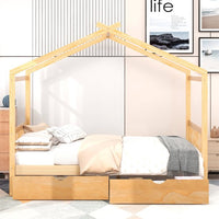 Full Size House Platform Bed Frame with Two Drawers, Wood House Bed Frame with Headboard and Footboard, House Cabin Bed Frame for Kids Toddlers Boys Girls, No Need Spring Box, Natural