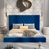 Queen Size Upholstered Platform Bed with Button Tufted Headboard and Footboard, Wood Bed Frame with Storage Space on Sides, Classic Platform Bed for Any Bedroom, No Spring Box Needed, Blue
