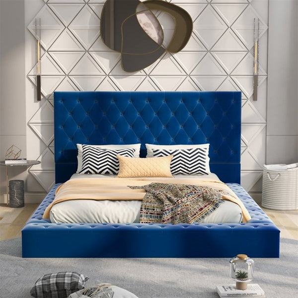 Queen Size Upholstered Platform Bed with Button Tufted Headboard and Footboard, Wood Bed Frame with Storage Space on Sides, Classic Platform Bed for Any Bedroom, No Spring Box Needed, Blue
