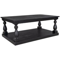 Rustic Oversized Coffee Table, Floor Shelf Coffee Table with Storage, Farmhouse Coffee Table, Rectangular 2-Tier Cocktail Table with Unique Design Table Legs, Solid Pine Wood, for Small Spaces, Black
