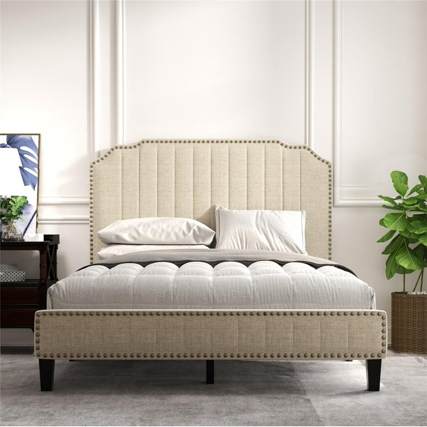 Full Size Upholstered Platform Bed Frame with Headboard, Modern Linen Curved Wood Bed with Nailhead Trim, No Box Spring Needed, Mattress Foundation, Cream