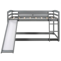 Twin Over Twin Floor Bunk Bed with Convertible Slide and Ladder, Wood Low Bunk Bed Frame for Kids Teens, No Box Spring Required, Gray