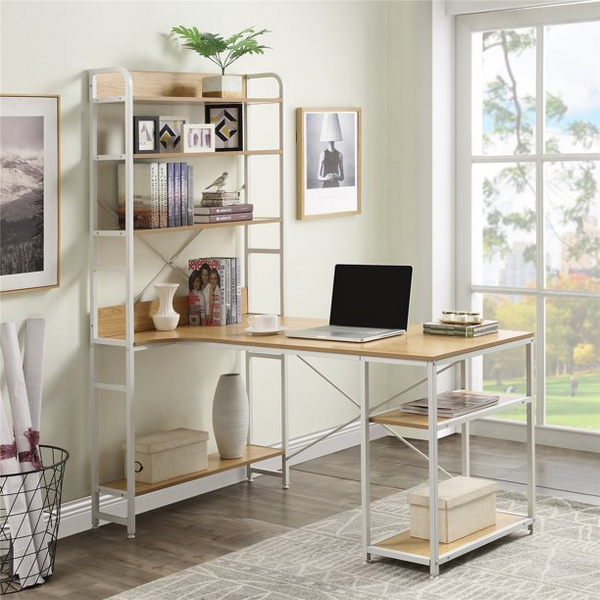 Home Office Computer Desk with 5 Tier Open Bookshelf, Writing Study Table Laptop Table Workstation with Metal Frame/Plenty Storage Space, Nature