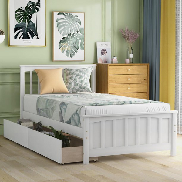 Solid Wood Twin Size Platform Bed with Two Drawers for Kids Teens Adults, Bedroom Guests Room Furniture, White 79.5''L x 42''W x 41.4''H
