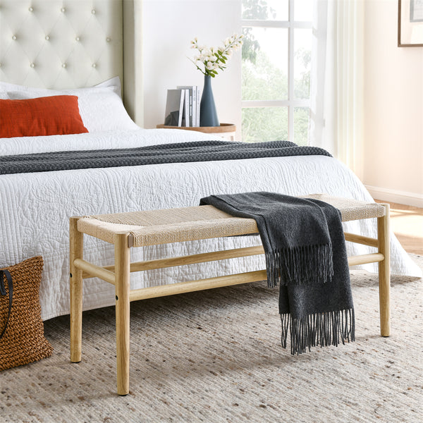 JINS&VICO Indoor Bench with Paper Cord for Bedroom Living Room, Rubber Wood Legs, 39.5“Lx14.5”Wx17.5“H