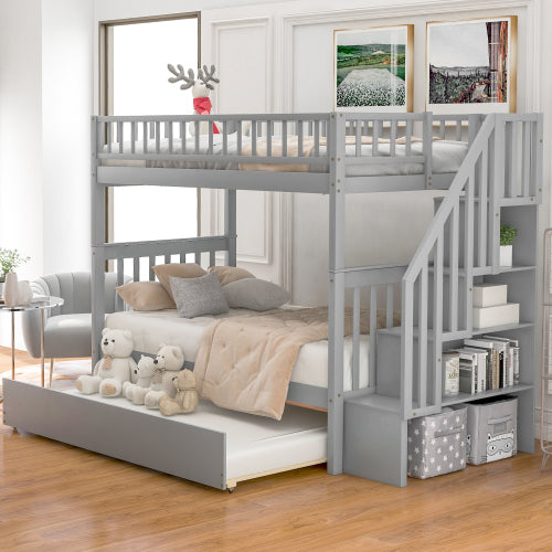 Modern Twin Over Twin Wood Bunk Bed with Trundle and Storage, Solid Hardwood Twin Bunk Bed Frame with Ladder and Stairs for Kids Adults, Saving Space, Gray