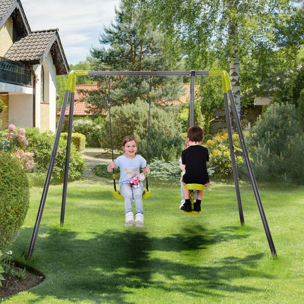 2 in 1 Metal Swing Set ,Kids Swing Set for Backyard, Heavy Duty Outdoor Swing Set with A-Frame, Adjustable Hanging Rope , Multiple Kids Playground Equipment for 3y-12y