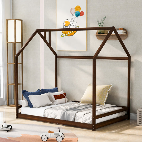 JINS&VICO Full Size House Bed Wood Bed With Roof And Chimney for Kids Bedroom, Espresso