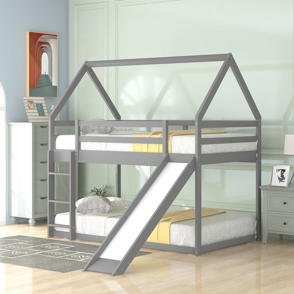 Twin Size Floor Bunk House Bed, House Shaped Bunk Beds with Slide,Roofs and Ladder, Wood Twin Size House Bunk Bed for Toddlers, Kids,Teens, Girls and Boys (Gray)