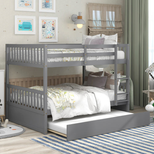 Full Over Full Bunk Bed with Trundle, Sweden Pine Wood Bunk Beds with Guard Rail and Ladder, Pull-out Combination Bed with Casters, Convertible to Separate 2 Beds for Kids Adults, Gray