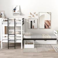L-Shaped Bunk Bed and Platform Bed with Trundle and Drawer, Twin Size Triple Bunk Beds for Kids Boys Girls Teens, White