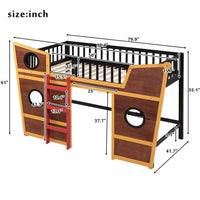 Twin Size Loft Bed with Underbed Storage Space, Boat Shaped Kids Loft Bed with Safety Guardrails and Ladders, Wood Low Loft Bed for Kids Boys Girls, Walnut