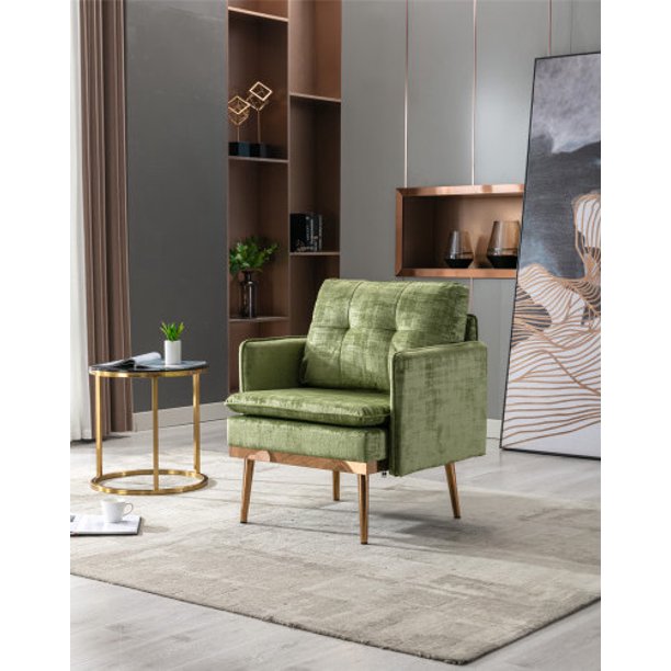 Velvet Single Sofa Chair ,Accent Arm Chair with Rose Golden Metal Legs, Modern Upholstered Armchair for Living Room Bedroom Reading Room Office Furniture,Olive