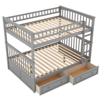 Full Over Full Bunk Bed with 2 Storage Drawers, Wooden Bunk Bed Frame with Full-length Guardrails and Ladders for Boys Girls Teens Adults, Can be Convertible into 2 Beds, No Box Spring Needed, Grey