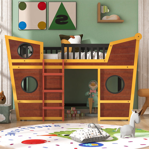 Twin Size Loft Bed with Underbed Storage Space, Boat Shaped Kids Loft Bed with Safety Guardrails and Ladders, Wood Low Loft Bed for Kids Boys Girls, Walnut