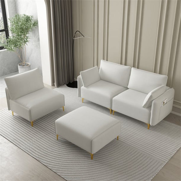 L-Shaped Sectional Sofa, Modern Upholstered Sofa Couch with Charging Socket and Padded Cushion Back, Convertible Modular Sofa with Metal Legs for Living Room Dorm, White