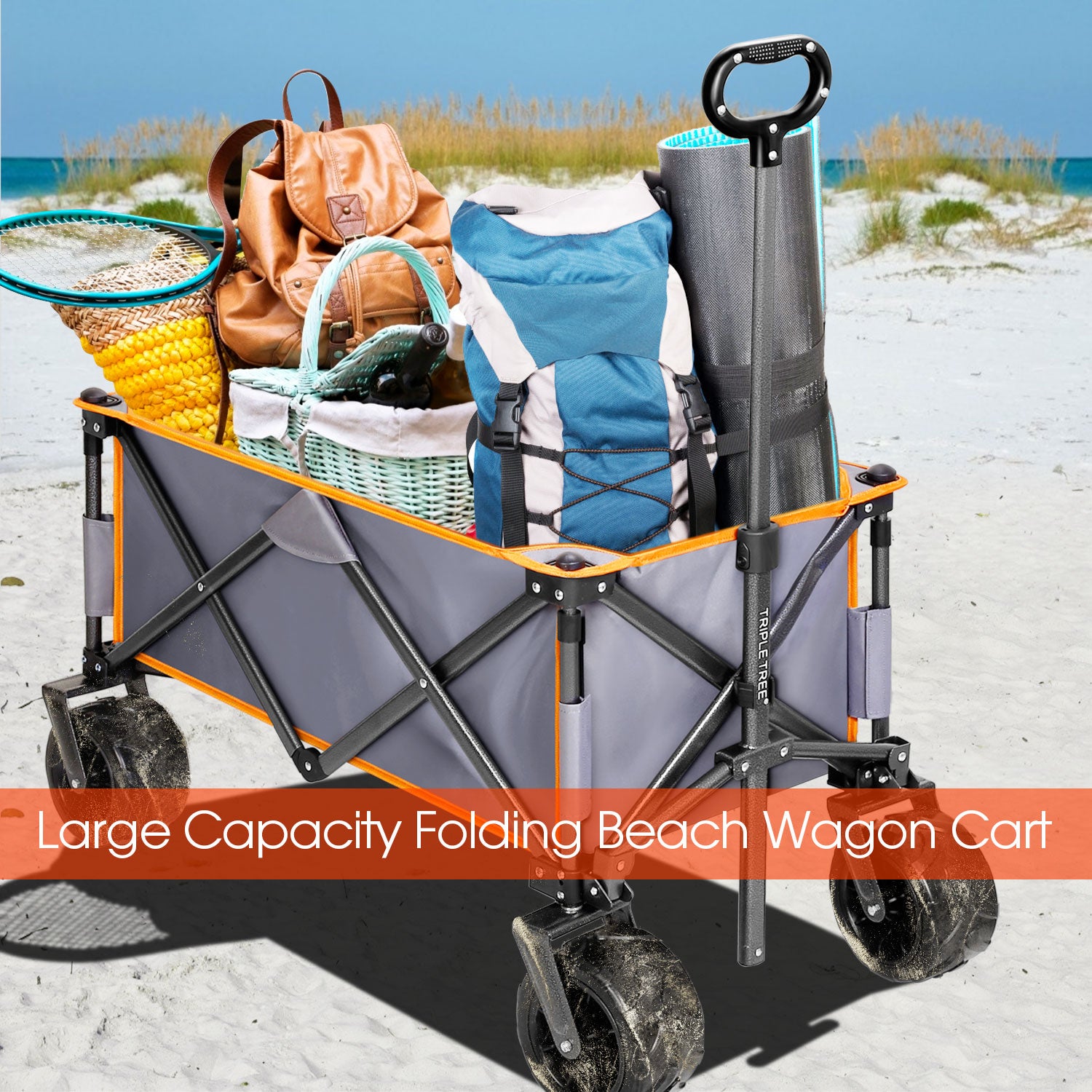 TRIPLETREE Heavy Folding Utility Wagon Cart With Universal Wheels & Adjustable Handle