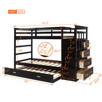 Twin over Twin Bunk Bed Frame with Trundle and Storage Drawers, Wood Bunk Bed with Stairs and Guardrail for Kids, Boys and Girls, No Spring Box Needed, Easy Assembly, Espresso