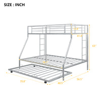 Twin Over Full Bunk Bed with Twin Size Trundle, Metal Bunk Bed Frame with 2 Built-in Ladder and Safety Guardrail for Kids Teens Adults, Silver