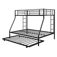 Metal Bunk Bed Frame with Trundle, Twin Over Full Bunk Bed with 2 Built-in Ladder and Safety Guardrail for Kids, Teens, No Need Spring Box, Black