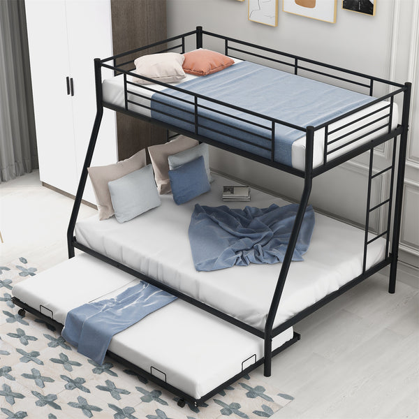Metal Bunk Bed Frame with Trundle, Twin Over Full Bunk Bed with 2 Built-in Ladder and Safety Guardrail for Kids, Teens, No Need Spring Box, Black