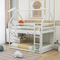 Twin Over Twin Low Bunk Bed Frame, House-shaped Bunk Bed with Built-in Ladder, Guardrail and Roofs for Kids, Teens, Girls, Boys, Space Saving Design, White