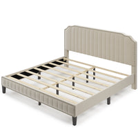 King Size Upholstered Platform Bed Frame with Nailhead, Platform Bed with Headboard and Footboard for Adults, Wood Slat Support, Beige